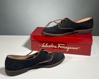 MEN’S FERRAGAMO SHOES | Pair of Salvatore Ferragamo boutique Baltimore Black and Tan nabuck shoes, size 10, in original box