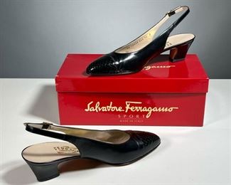 LADY’S FERRAGAMO SHOES | Salvatore Ferragamo black leather sling back heels, possibly size 10, in a red Ferragamo box