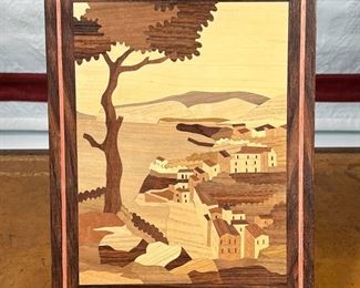 PARQUETRY WOOD ART | Showing a bayside scene with a tree, composed of inset contrasting woods
Dimensions: w. 9 x h. 11.5 in