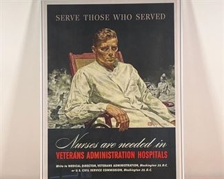 WWII NURSE VOLUNTEER POSTER | "Serve Those Who Served" World War II poster by Douglass, copyright 1945-O-655862, framed behind glass
Dimensions: 28-1/4 x 21-1/2 in. (frame)