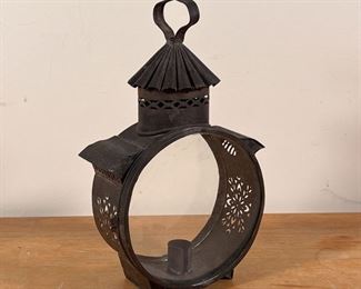 ANTIQUE TIN LANTERN | Pagoda-style, with two clear glass panels Dimensions: h. 11 in.