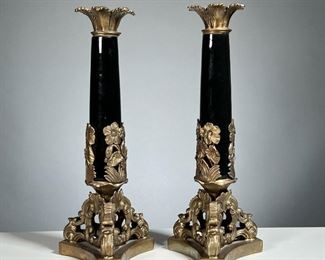 (2PC) PAIR ANTIQUE BRASS & ENAMEL CANDLESTICKS | Black enameled columns with brass base and hardware