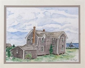 BEACH HOUSE WATERCOLOR | Framed under glass, a watercolor painting depicting a house by the sea, signed "Alanna Divoly" lower right
Dimensions: 16 x 18-1/2 in. (frame)