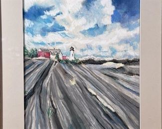 LIGHTHOUSE ON CLIFF PASTEL DRAWING | Framed under glass, a pastel scene of a cliff-side lighthouse before a partly cloudy blue sky; signed and dated lower right "12/92"
Dimensions: 19-3/4 x 16-1/4 in. (frame)