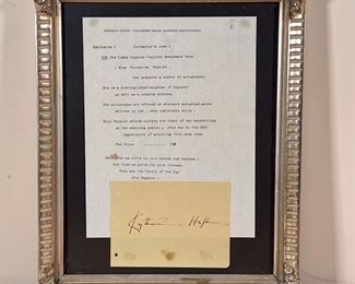 KATHERINE HEPBURN SIGNATURE | Katherine Hepburn autograph signature in a silvered frame, sold in benefit for the "Johns Hopkins Hospital Endowment Fund" with letter of provenance with Emerson Stone letterhead, Hamden, CT
Dimensions: 16 x 13 in. (framed)