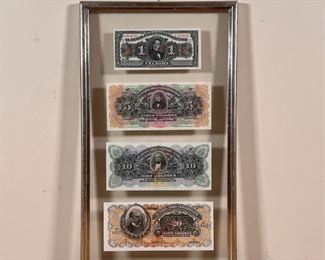 COSTA RICAN CURRENCY | Four Costa Rican bills float-mounted in a frame, including 1, 5, 10, and 10 Colones. Dimensions: 18-1/2 x 11 in. (frame)