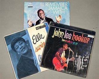 (3PC) ELLA FITZGERALD & OTHER VINYL | Vinyl records, including John Lee Hooker "Live at Cafe Au-Go-Go" (BLS-6002), "Ella Swings Lightly" (MG V-4021), and a signed copy of Archie Lewis "I'll Remember Jamaica With Archie Lewis"