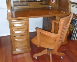 Antique roll top desk in 3 pcs, Antique desk chair