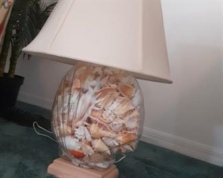Seashell Shaped Lamps with shells & wood base. 2 Available