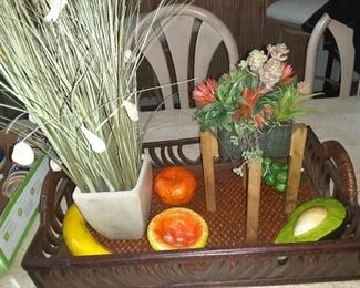 Wood Tray with Paper Mache Fruit & 2 Artificial Plants