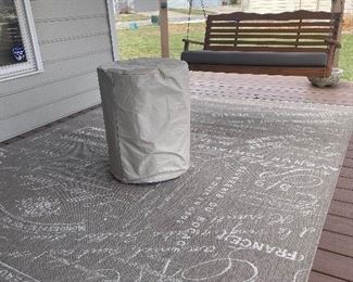 Fire pit, outdoor rug and swing