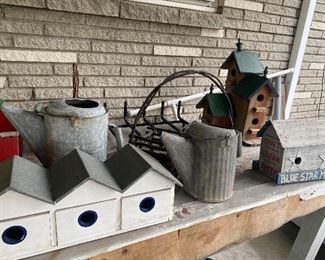 bird houses, galvanized watering cans