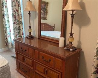 (F7) $125 - Bassett Furniture Dresser with Mirror. Measures 18" deep x 52" wide x 30" tall. Mirror is 26" x 40". 
