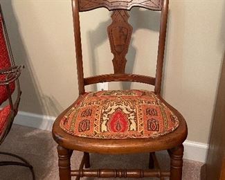 (F8) $35. Single Antique Side Chair. Floor to seat is 17.5". Floor to back is 33". 