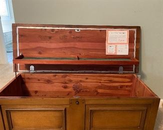 (F12) $95. Lane Cedar Chest. Lid lifts open - has single drawer on the bottom (missing 1 pull) Measures 17" deep x 45" wide x 20" tall. 