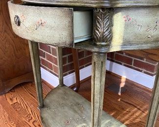 (F28) $45. Shabby Chic demi lune side table with single drawer. 