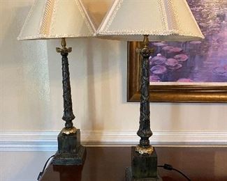 (L4) $45. PAIR of table lamps green & Brass colored. Base to finial is 31"