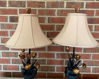 (L18) $60. pair of metal floral lamps black & gold.  Measures 27” tall. 