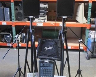LOT OF 2 FENDER PASSPORT 300 PRO PA SPEAKERS WITH STANDS