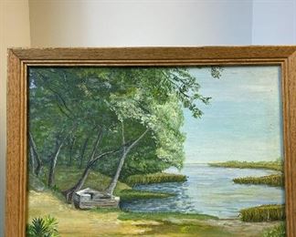 Creek Painting. Painting of what appears to be a salt water cove with a boat on the bank. This was presented to a couple by the artist and has an inscription and signed.