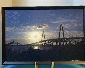 Three Bridges. Picture of the three bridges crossing the Cooper River. The newest bridge is the Author Ravanel Bridge which still stands today and the other two are the Grace Memorial Bridge and the Cooper River Bridge which were demolished and removed immediately following the opening of the new Author Ravanel Bridge. This is in Charleston, SC and connects Hwy 17 from the Peninsula to the Mt Pleasant side. The artist is Douglas Cunningham who painted this painting in 2006