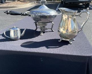 Silver Chafing Dish, Silver Serving Pitcher and Silver Cream Pitcher