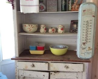 Primitive Hoosier Style cabinet with rustic shelves. Some items pictured may or may not be for sale. 