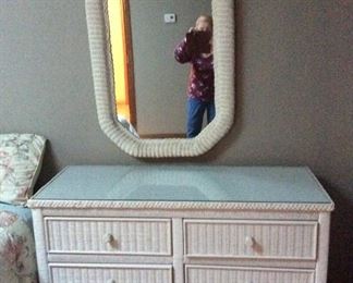 White Wicker Dresser and Mirror 
