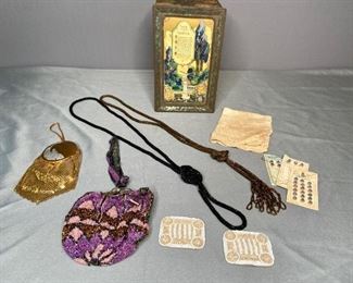 Antique Artstyle Chocolate Company Metal Box, Antique Beaded Purses and More