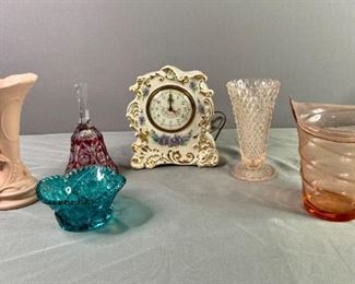 Heirlooms of Tomorrow Clock, Cut Glass Vase and Candy Dish, Cut Glass Dinner Bell, Pink Art Nouveau Vase