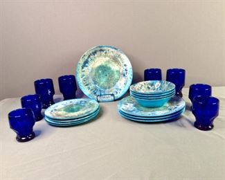 Melamine Dish Set, Cobalt Blue Glasses