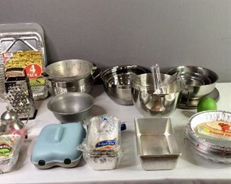 Mixing Bowls, Disposable Pie and Bread Pans, Cheese Grater, Corn Cob Steamer and More