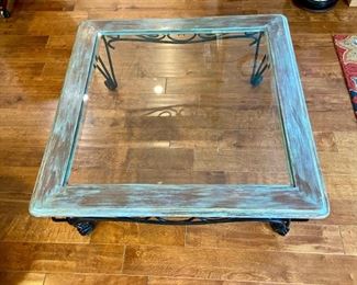 Square Glass, Wrought Iron, and Wood Coffee Table
