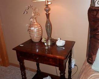 SOLID mahogany nightstand with drawer and lathe turned legs....one of a pair....lamps are a pair too, with remote controls
