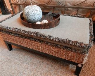 Heavy wicker bench seat with fringed cushion....and of course, more cool decor