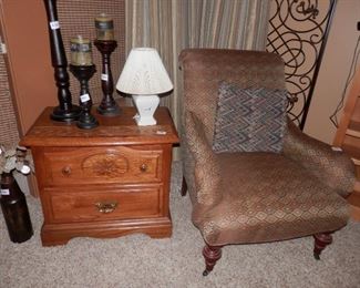 Very Antique recovered arm chair, 2 drawer nightstand and other decor