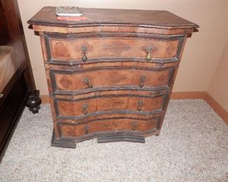 Really Old European inlaid design 4 drawer chest....in need of TLC....some of the pieces are in the bottom drawer.....could be 150 years old or ??