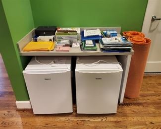 Mini-fridge, rugs, and office supplies
