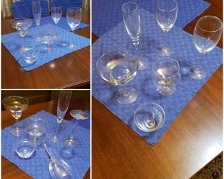 Assortment of Pasabahce Fine Water, Wine, Coupe, & Flute Glasses SELLING PRICE: $3/glass CAN PURCHASE AT BULK PRICE + Mid-Century Glass Shrimp Cocktail Glasses w/ Glass Inserts, Monogrammed w/ "G", Set of 4  [$52 Market Value] SELLING PRICE: $17 f/ set of 4