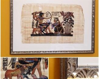 Vintage Egyptian Hand-Painted Papyrus Art Depicting Ancient Scene (Hunting) & Signed by Artist, Circa 1960s; professionally framed in ornate platinum frame w/ UV plexiglass & acid-free mat; accompanied by Certificate of Authenticity  [$170 Market Value]  SELLING PRICE: $56