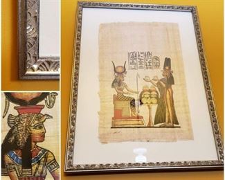 Vintage Egyptian Hand-Painted Papyrus Art Depicting Ancient Scene (Offering) & Signed by Artist, Circa 1960s; professionally framed in ornate platinum frame w/ UV plexiglass & acid-free mat; accompanied by Certificate of Authenticity  [$170 Market Value]  SELLING PRICE: $56