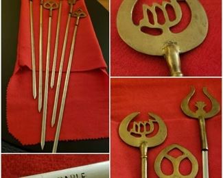 Vintage Turkish Handcrafted Stainless Steel Shishkabob Skewers w/ Traditional Ottoman Brass Handle Ornaments, Circa 1950s (set of 6)  [$90 Market Value]  SELLING PRICE: $30