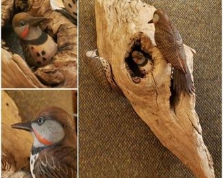 Vintage Handcrafted Woodpeckers on Driftwood Sculpture  [$290 Market Value]  SELLING PRICE: $96