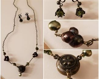 Iridescent Uncultured Dark Pearl Necklace & Peridot Earrings Set  [$75 Market Value]  SELLING PRICE: $25