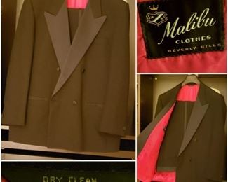 Men's DiMitri Black Double-Breasted Tux w/ Black Satin Lapel, Black Satin Outer Pant Seam, & Red-Satin Lined from Malibu Clothes of Beverly Hills, Jacket 40 S, Slacks 34" x 31" (pristine condition, only worn once)[$250 Market Value]  SELLING PRICE: $83