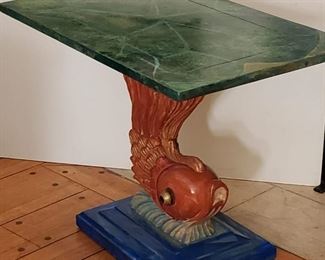 Vintage Italian Handcarved Wood End Tables (2) w/ Koi on Water Wave Pedestals & Custom-Painted Water Lily Leaves Tabletop, Circa 1960s  [$1,200 Market Value]  SELLING PRICE: $756
