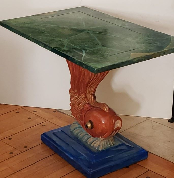 Vintage Italian Handcarved Wood End Tables (2) w/ Koi on Water Wave Pedestals & Custom-Painted Water Lily Leaves Tabletop, Circa 1960s  [$1,200 Market Value]  SELLING PRICE: $756