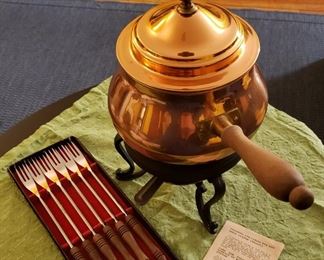 Vintage Non-Stick Copper-Like Coated Cooking Chafing Dish w/ Wood Handle Sits on Black Metal Decorative Stand Housing Heat Regulator w/ Cover & 6 Japanese Stainless Steel Wood-Handled Long Forks in Box  [$72 Market Value]  SELLING PRICE: $24