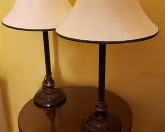 Vintage Markel Bronze-Colored Metal Classic Tall Tabletop Lamps w/ Custom-Tailored Roseart Shades (set of 2)  [$480 Market Value]  SELLING PRICE: $158