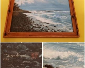 Southern California seascape original acrylic painting by T. Shodeya dated 1975; framed in rustic pine wood  [$290 Market Value]  SELLING PRICE: $96